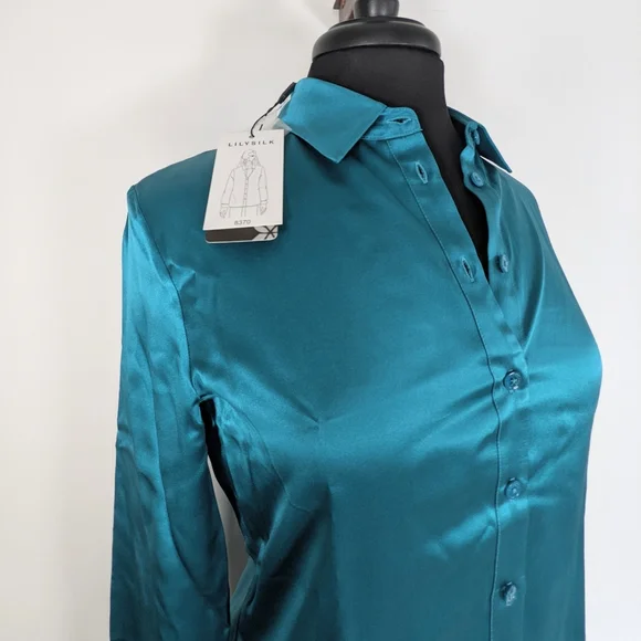 LilySilk teal silk blouse buttondown XS NIB - Picture 3 of 9